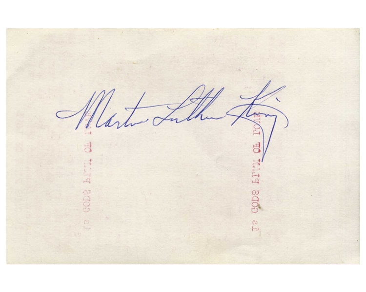 Martin Luther King, Jr. Signature -- Written on the Verso of a Card Condemning Some in the Republican Party -- ''...they are useing the good white republicans to gain power...''